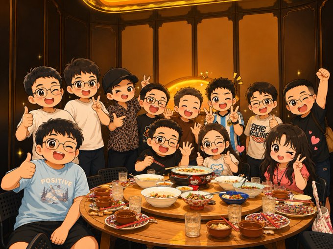 A colorful anime/chibi-style illustration depicting a large group of cheerful cartoon characters with glasses gathered around a dining table filled with various bowls of food, posing with peace signs and thumbs up.
