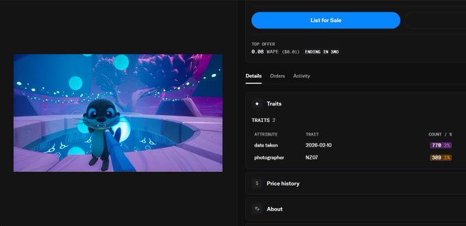 A digital asset listing page showing a creature character with traits 'date taken' and 'photographer', priced at 0.08 WAPE with ending in 38M.