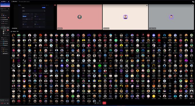 A Discord interface showing a gallery of numerous colorful circular avatars arranged in a grid, with three larger profile preview panels at the top displaying members labeled "mikethomas," "chizitere," and "pedropesqueira," representing the diverse community of Arc Architects mentioned in the post.