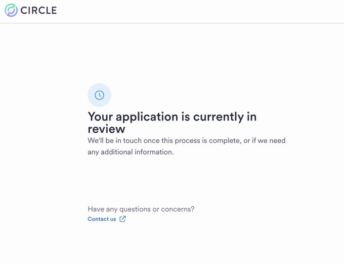 A Circle application status page displays 'Your application is currently in review' with a clock icon.
