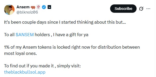 A tweet from Ansem (@blknoiz06) announcing that 1% of his Ansem tokens are locked for distribution among loyal $ANSEM holders, directing them to visit theblackbullsol.app.
