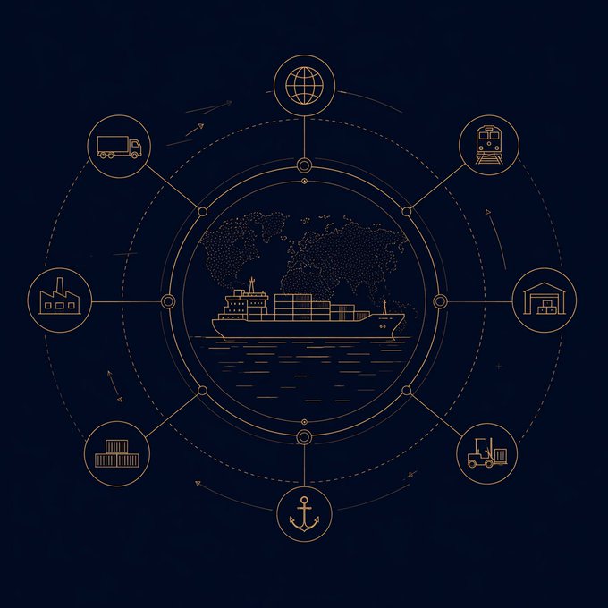 A gold-line illustration on a dark blue background showing a cargo ship at the center with a world map, surrounded by circular icons representing trucks, trains, warehouses, factories, forklifts, an anchor, and ships in a global logistics network.