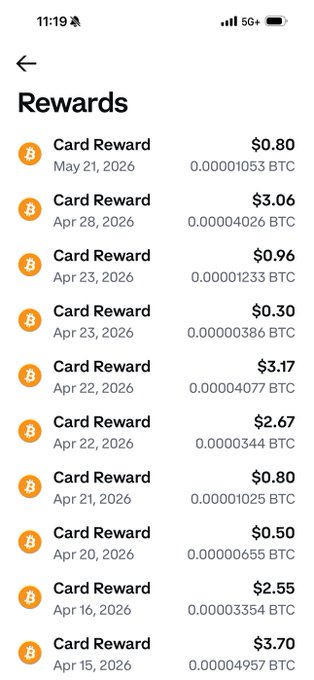 The image shows a phone screen displaying a list of rewards for Bitcoin transactions, including points or tokens that can be used as rewards. The text "Card reward" suggests that these rewards are earned through Bitcoin transactions using a credit card. The rewards include points or tokens that can be redeemed for various items such as cryptocurrency, gift cards, or even cashback. The post also mentions the date and time of the transaction, which is 11:18 on May 21, 2016 at 6:00 PM.
