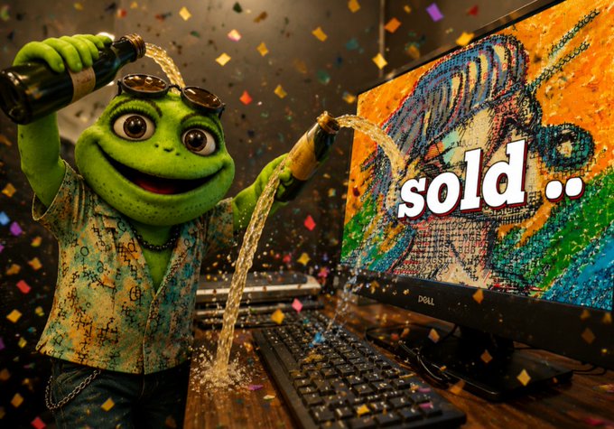 A green frog mascot wearing sunglasses and a paint-splattered shirt pops champagne bottles in front of a monitor displaying a colorful NFT artwork with the word "sold..", celebrating the sale of the "Sling" NFT piece, with confetti raining down to match the post's congratulatory announcement.