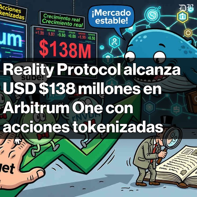 A Spanish-language crypto news graphic titled "Reality Protocol alcanza USD $138 millones en Arbitrum One con acciones tokenizadas" (Reality Protocol reaches USD $138 million on Arbitrum One with tokenized stocks).