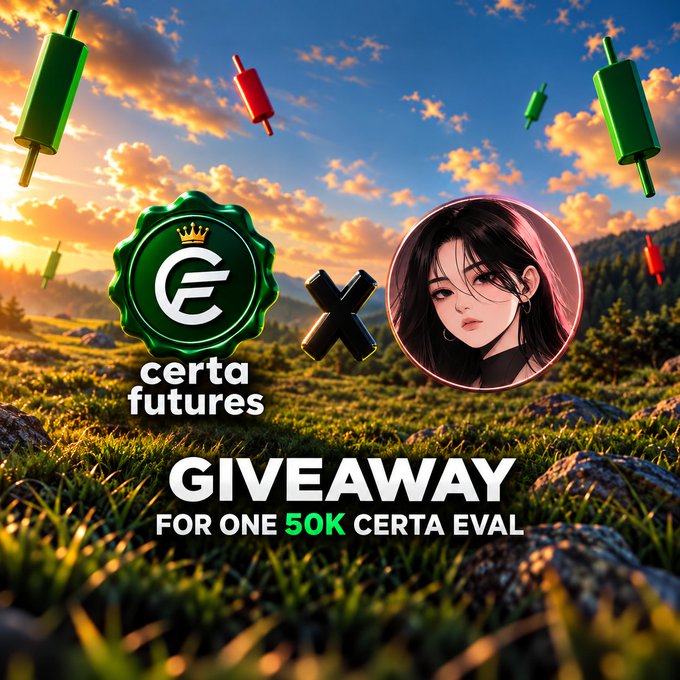The image is a vibrant promotional graphic announcing a "$50K CERTA EVAL" giveaway, featuring the Certa Futures logo alongside an anime-style avatar (likely representing @btc_fahmi), with colorful candlestick chart graphics floating against a sunset landscape. The text overlays the design to highlight the giveaway details, matching the post's call for entries via Discord and social media follows.
