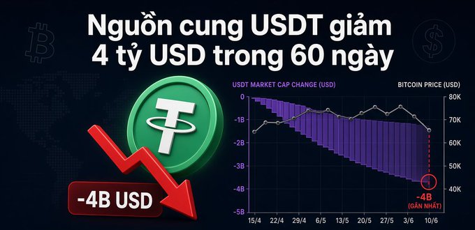 An infographic in Vietnamese stating 'Nguồn cung USDT giảm 4 tỷ USD trong 60 ngày' showing a USDT market cap decrease of -4B USD alongside a Bitcoin price chart declining toward 40K.