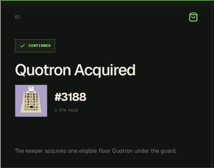 A dark-themed confirmation screen displays "Quotron Acquired" with a green "CONFIRMED" badge, showing item #3188 purchased for 3 ETH, with the description "The keeper acquires one eligible floor Quotron under the guard." This visual confirms an automated NFT acquisition related to the $QSTRAT token mentioned in the post.