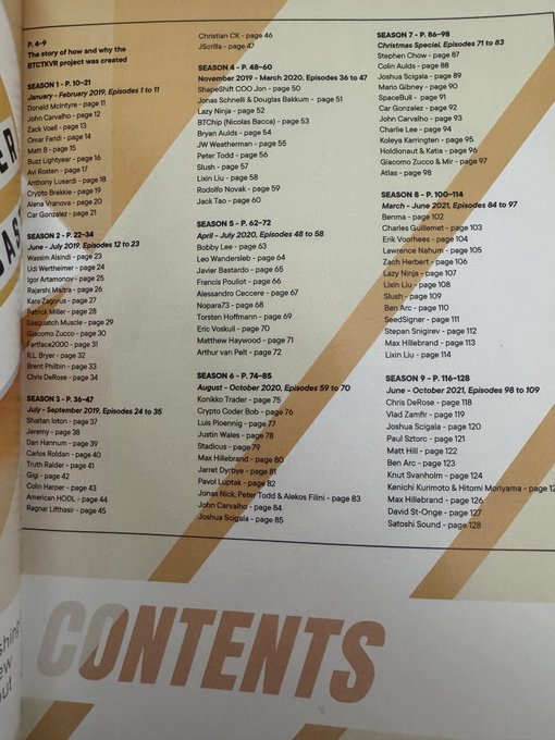 The image shows a table of contents page for what appears to be a book about the STCTV/RIV project, organized by seasons (1-9) from January 2019 to December 2021, with each episode numbered and listed alongside page references. The accompanying post relates to the podcast/show listed in these contents, noting that most sponsors from that 2019-2022 era (BottlePay, LXMI, Vaultoro, Wasabi Wallet) are no longer active, and the creator is seeking new Bitcoin-related companies to sponsor the remastered episodes.