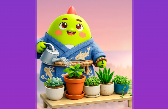 A 3D rendered, cartoonish green creature with a red spike on its head, wearing a blue robe and watering potted plants including a Venus flytrap and succulents on a wooden table.