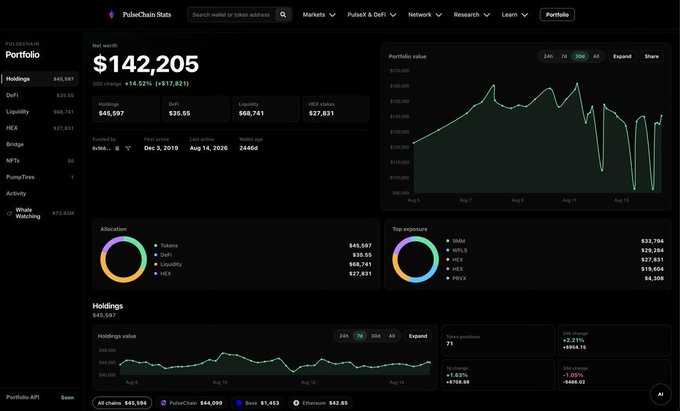 A dark-themed PulseChain Stats Portfolio dashboard displays a net worth of $142,205 (+14.92% / +$17,921), with breakdown categories including Holdings ($45,597), DeFi ($35.55), Liquidity ($66,741), and HEX stakes ($27,831). The dashboard features portfolio value and holdings charts, allocation and top exposure donut charts, and ticker prices for assets like ETH ($45,596), PULSECHAIN ($44,099), DAI ($1,453), and Ethereum ($42.85), illustrating the advanced beta-testing features mentioned in the post.