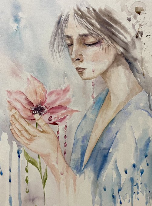 A watercolor painting of a woman with closed eyes holding a pink flower, with droplets falling from her face and hands.