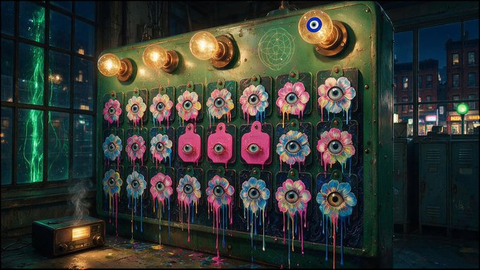 A surreal, night-soaked urban scene features a massive green panel lined with mystical eyeball-adorned amulets dripping with neon pink paint, illuminated by glowing bulbs against a backdrop of rain-streaked windows. A steaming radio on the floor and a faint symbol hinting at hidden text ("gn") suggest a cryptic invitation to "unlock your destiny."