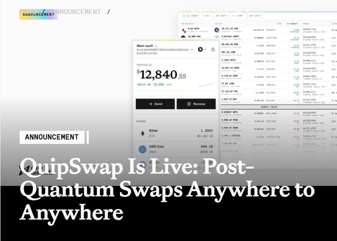 An announcement graphic for 'QuipSwap Is Live: Post-Quantum Swaps Anywhere to Anywhere,' displaying a cryptocurrency wallet interface with a balance of $12,840.55 and various tokens including ETH and USDC.