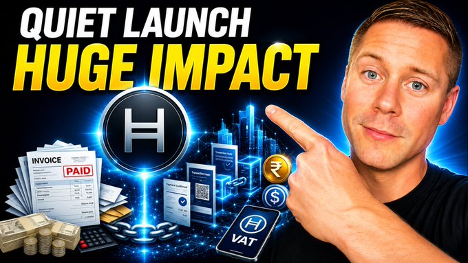 A man points toward the Hedera (H) logo alongside graphics of invoices, coins, payment chains, and currency symbols under the headline "QUIET LAUNCH HUGE IMPACT," visually promoting a new Hash String Metaverse use case making an impact on the Hedera network, as featured in the post.