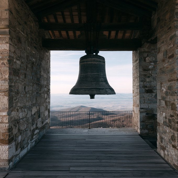 A large bronze bell hanging from a wooden-beamed stone bell tower, overlooking a scenic mountain landscape and valley below.