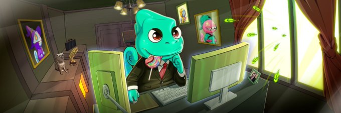 A green cartoon lizard character wearing a suit sits at a desk using a computer, with money flying around the room and a cat in the background.