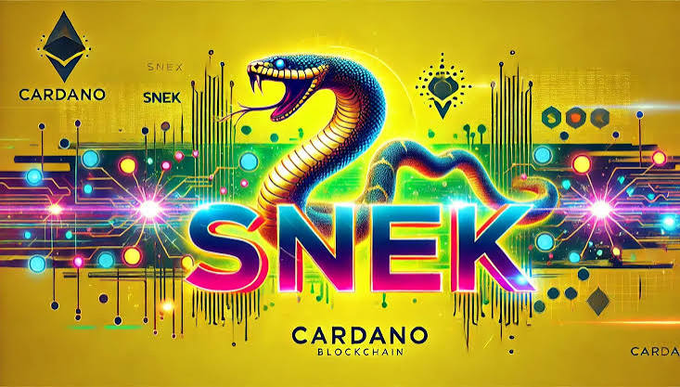 A vibrant neon-yellow promotional graphic for the SNEK token on the Cardano blockchain, featuring a cobra snake, the Cardano (ADA) logo, circuit-board patterns, and bold 'SNEK' text with 'CARDANO BLOCKCHAIN' beneath.
