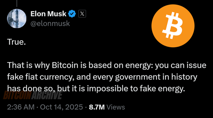 The image shows a tweet from Elon Musk (@elonmusk) dated October 14, 2025, stating "True. That is why Bitcoin is based on energy: you can issue fake fiat currency, and every government in history has done so, but it is impossible to fake energy." The post has 8.7M views and features an orange Bitcoin (₿) logo, aligning with the caption's point that Musk's public endorsement of Bitcoin gives it credibility that savvy investors can leverage.