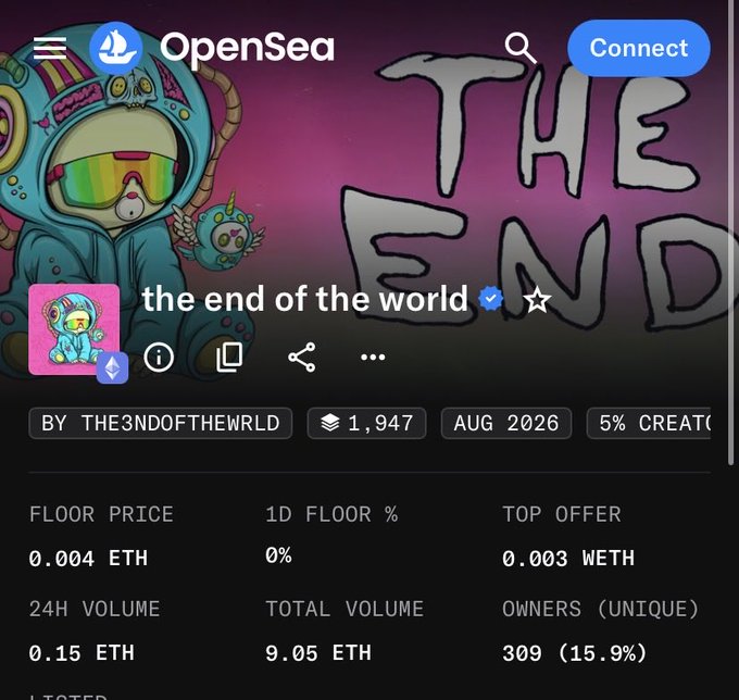 An OpenSea NFT collection page titled 'the end of the world' (by THE3NDOFTHEWRLD) featuring a hooded astronaut character, showing a floor price of 0.004 ETH and total volume of 9.05 ETH.