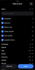 A dark-mode mobile app interface showing a 'Filter & Sort' menu with an Alpha filter list of cryptocurrency-related terms including 'Hologram', 'Backup', 'Signal Loss', 'Death Candle', 'God Candle', 'Liquidity Storm', 'Archetype', 'Baddest', 'Bold', 'Dread', 'Haunting', 'Hoodie', and 'Nerds'.