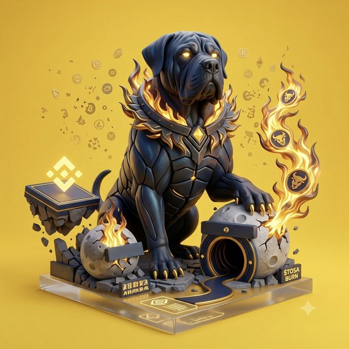 A stylized dark metallic dog statue with glowing eyes and gold accents sits on a cracked platform amidst flames and gold coins featuring a bull logo and '$TOSA' text on a yellow background.
