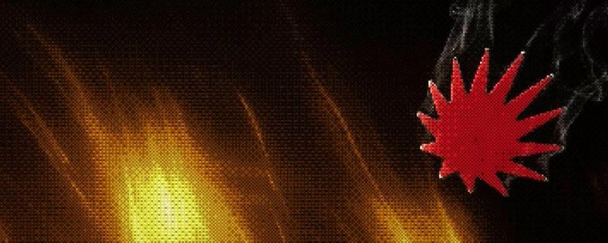 An abstract dark image featuring a glowing yellow-orange light source on the left and a red starburst shape on the right against a textured black background.