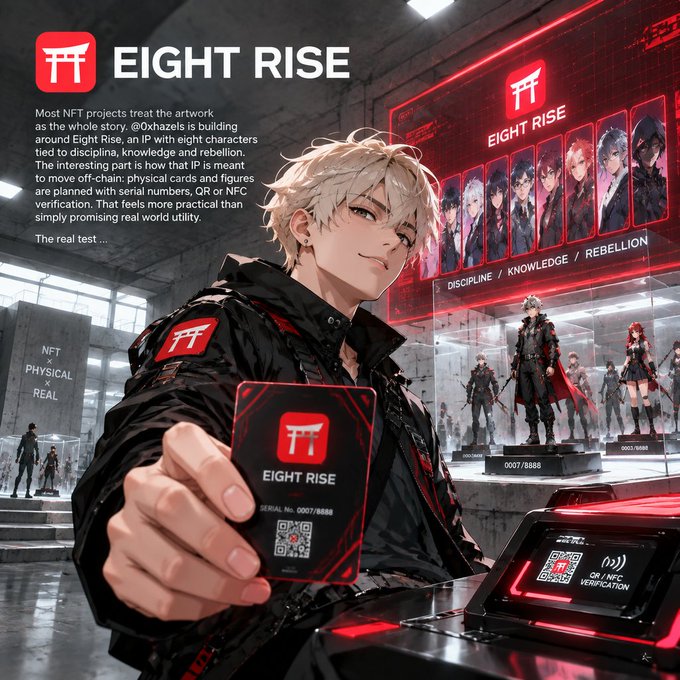 An anime-style character with blonde hair holds an "EIGHT RISE" branded card (Serial No. 0007/8888) in a futuristic, industrial setting featuring a display case with figurines and a red-lit wall showcasing eight character portraits labeled "DISCIPLINE / KNOWLEDGE / REBELLION." The image visually reinforces the post's emphasis on Eight Rise's NFT-to-physical bridge, displaying the QR/NFC verification system for the planned cards and figures.
