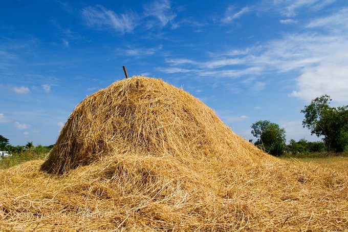 A large golden haystack sits in a field under a blue sky with wispy clouds.