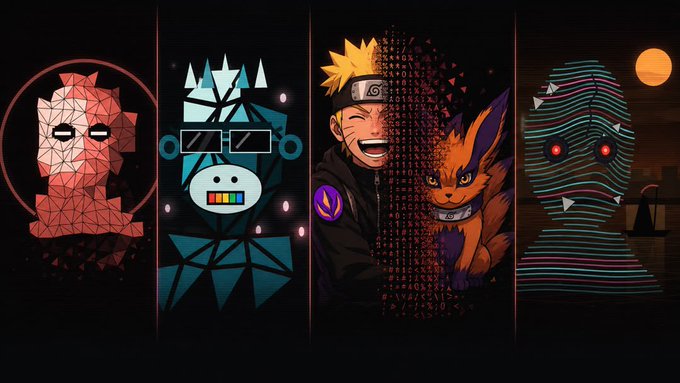 Stylized geometric illustrations of the demons from Naruto (Sasori, Kakuzu, Naruto/Kurama, and Zetsu) are displayed alongside the giveaway details for an "LSA" NFT mint featuring 2,500 supply at 0.01 ETH on Ethereum.