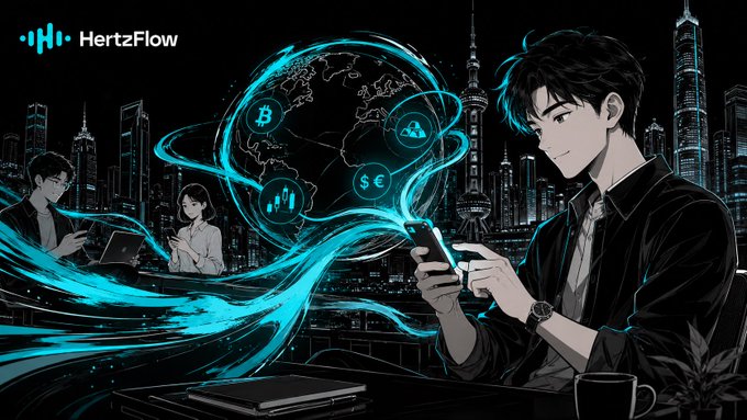 Anime-style illustration branded 'HertzFlow' showing a young man looking at a smartphone with a holographic globe displaying Bitcoin and currency symbols floating above a nighttime city skyline.