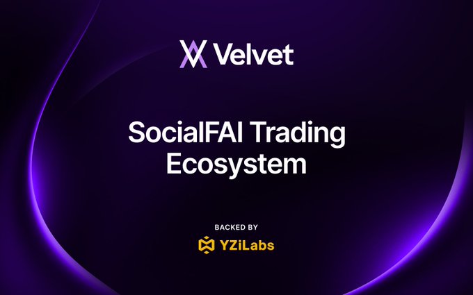 Promotional graphic for Velvet, a "SocialFAI Trading Ecosystem" backed by YZiLabs, displayed on a purple background.