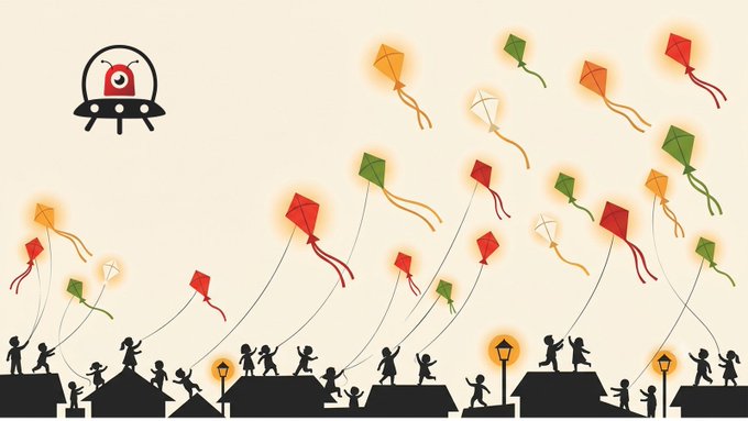 Silhouetted figures across rooftops fly kites in orange, green, and red—evoking the tricolor of the Indian flag—beneath a UFO, celebrating India's 79th Independence Day and symbolizing a youthful nation shaping the future of crypto.