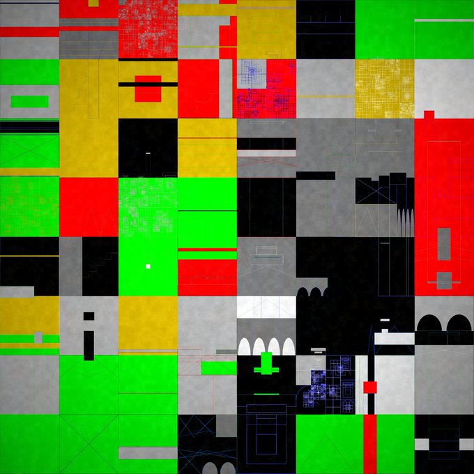 A colorful abstract geometric composition made up of grids and blocks in bright green, red, yellow, gray, and black, resembling architectural plans.