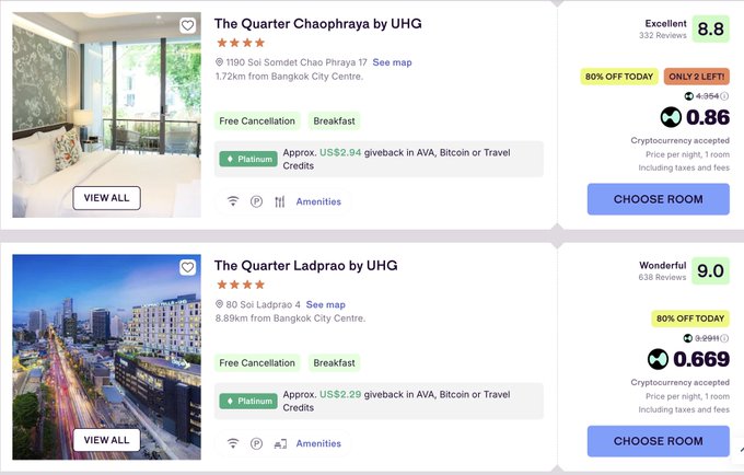 A hotel booking website showing two Bangkok accommodations: 'The Quarter Chaophraya by UHG' rated 8.8 (Excellent) priced at 0.86 and 'The Quarter Ladprao by UHG' rated 9.0 (Wonderful) priced at 0.669, both accepting cryptocurrency.