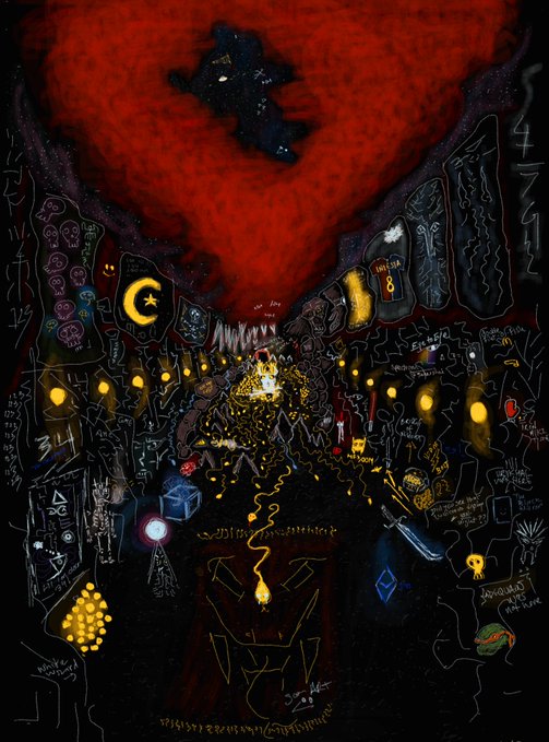 A dark, surreal digital artwork featuring a red heart-shaped void containing a black figure, surrounded by chaotic scribbles, glowing eyes, skulls, and cryptic text including "SJC June," "Room 4 8," and "YOU IN MY HEART," visually complements the post's promotion of a five-year-old NFT titled "To the citadel" being offered at a discounted price of 3.33 ETH from its current 4.44 ETH listing.