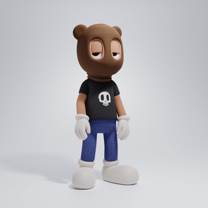 A 3D-rendered cartoon bear character wearing a brown balaclava with sleepy eyes, a black skull t-shirt, blue jeans, white gloves, and large white shoes.