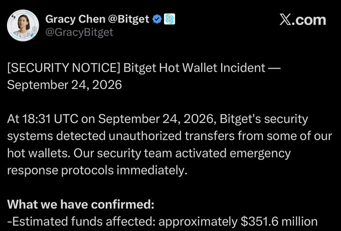 A screenshot of an X.com post by 'Gracy Chen @Bitget' announcing a '[SECURITY NOTICE] Bitget Hot Wallet Incident' dated September 24, 2026, reporting estimated funds affected of approximately $351.6 million.