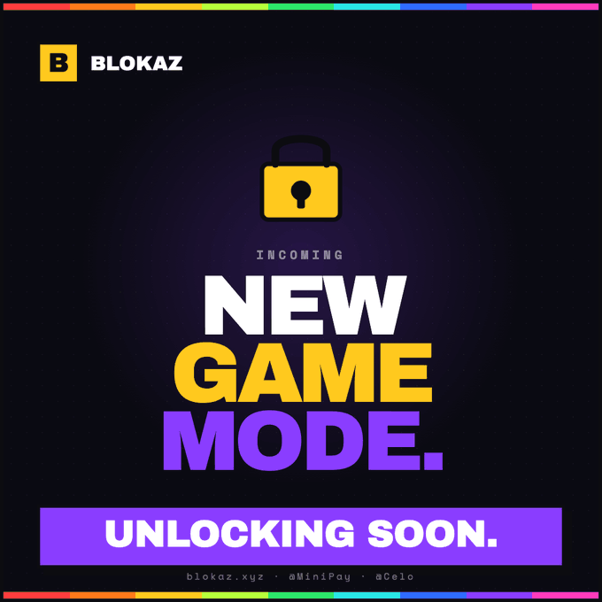 A promotional graphic for Blokaz featuring a padlock icon and the bold text "INCOMING NEW GAME MODE. UNLOCKING SOON." along with the handles @MiniPay and @Celo, teasing an upcoming gaming feature on the platform.
