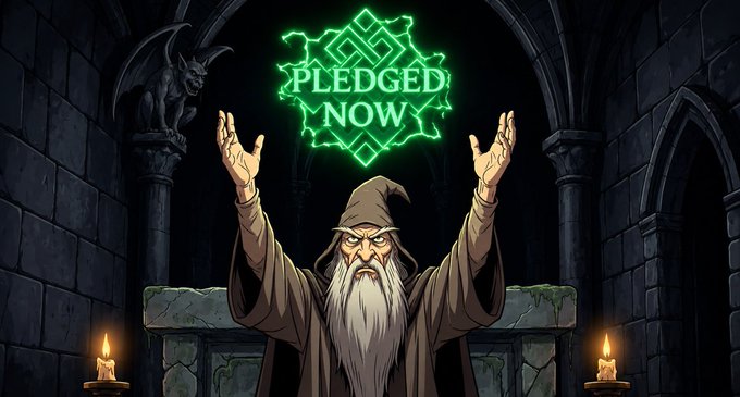 The image features an illustration of a wizard with long white hair, wearing a brown robe and a green hat, standing in front of a stone archway or doorway. The wizard has his arms raised high above his head, as if he's about to perform a ritual or offer a prayer. In the background, there are two candles that seem to be burning brightly, adding to the atmosphere of the scene. The image also includes text that reads "I pledge myself to Ritual because Autonomous AI. I pledge myself to Ritual because Agents Deserve Sovereignty. I pledge myself to Ritual because".