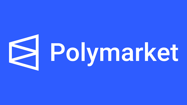 A blue graphic displays the white logo and text for "Polymarket".