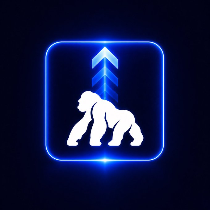 A glowing neon blue icon featuring a white gorilla silhouette in a knuckle-walking pose with an upward-pointing chevron arrow behind it, framed by a rounded blue border, symbolizing ApeChain's successful network upgrade milestone.