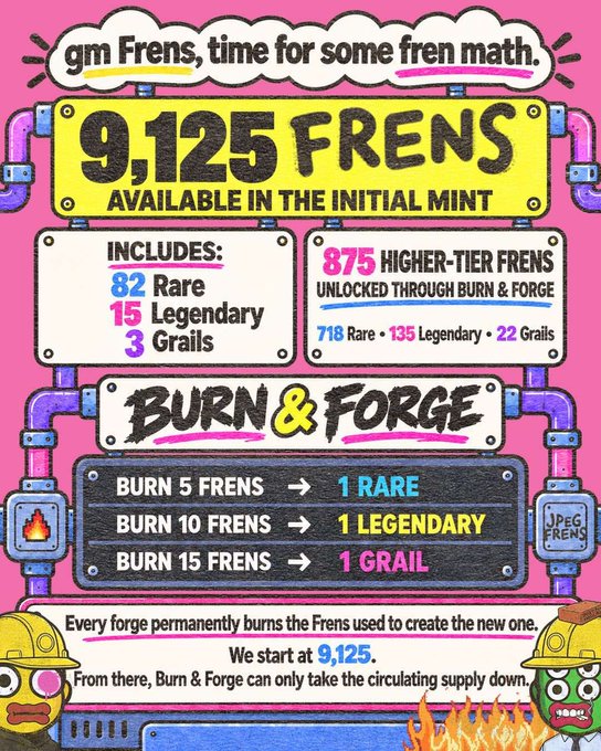 A vibrant infographic for 'JPEG FRENS' NFT project showing 9,125 initial mint supply, including 82 Rare, 15 Legendary, and 3 Grails, with a 'Burn & Forge' mechanic explained below.