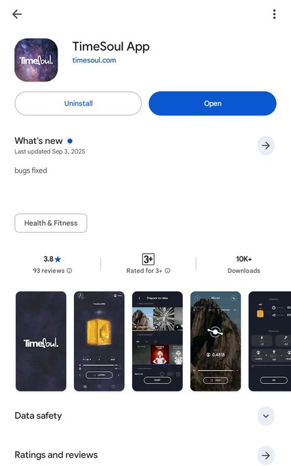 Google Play Store listing for the 'TimeSoul App' (timesoul.com), rated 3.8 stars with 93 reviews and 10K+ downloads, in the Health & Fitness category, with a 'bugs fixed' update from Sep 3, 2025.