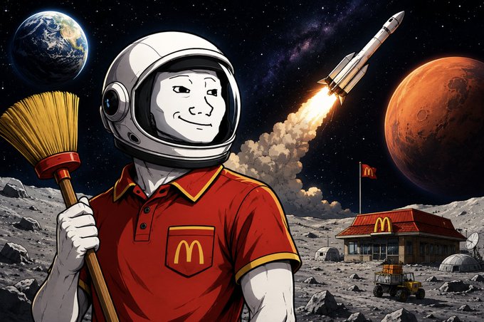 The image features a cartoon man wearing a McDonald's uniform holding a broom while standing on the moon, with a McDonald's restaurant visible in the background. The caption reads "大多数 Meme 币只承诺登月。$XJAK 想拥有整支火箭。持有 两个 $XJAK,链上自动赚取 SPCXB 奖励——Wojak ,在收集太空敞口". The image is related to the post because it features a cartoon of a man in a McDonald's uniform holding a broom on the moon, which is part of the meme.