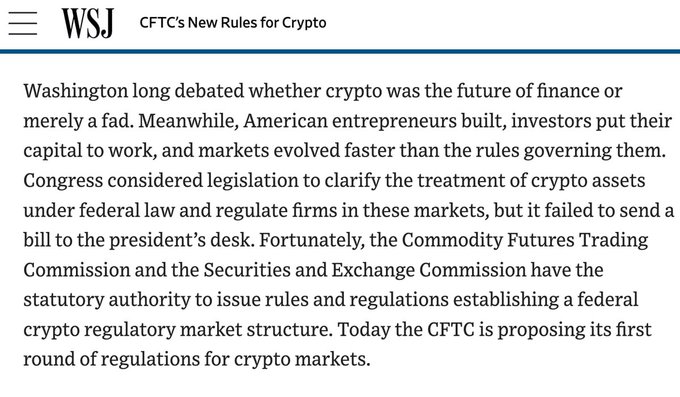 A Wall Street Journal article excerpt titled 'CFTC's New Rules for Crypto' discussing proposed federal regulatory structure for cryptocurrency markets.