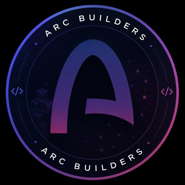 A circular gradient logo featuring a stylized "A" and the text "ARC BUILDERS" displayed around its border, promoting the Arc Builders Telegram community for developers building on the Arc network. The badge's tech-inspired design with code symbols (`</>`) and network grid reinforces the group's focus on connecting builders and sharing knowledge within the Arc ecosystem.