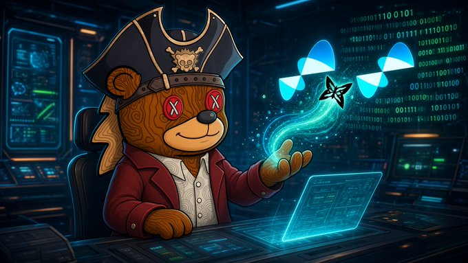 A cartoon bear pirate with red X-eyes and a tricorn hat conjures glowing teal butterflies and a butterfly-shaped quantum glyph above a holographic console displaying binary code (01001011 110 01101, 11011011 0 01111 11101010) and digital interface panels. The pirate's magical summoning of glowing quantum butterflies and binary streams visually echoes the post's themes of hardware randomness, quantum-seeded mints, and the unique digital artifacts being generated by the @quipnetwork countdown toward September 10.