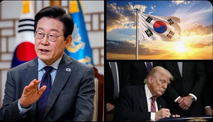 A news-style composite image featuring a man in a suit and glasses speaking in front of Korean flags on the left, a South Korean flag waving at sunset on the top right, and Donald Trump signing a document on the bottom right.