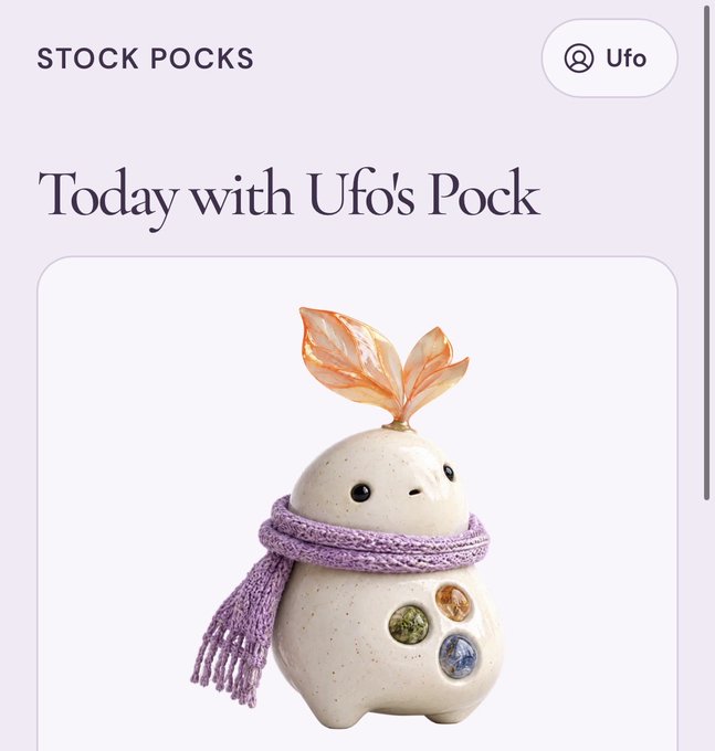 A webpage header titled 'STOCK POCKS' showing 'Today with Ufo's Pock' featuring a cute figurine of a creature with an orange leaf-like top and a purple scarf.